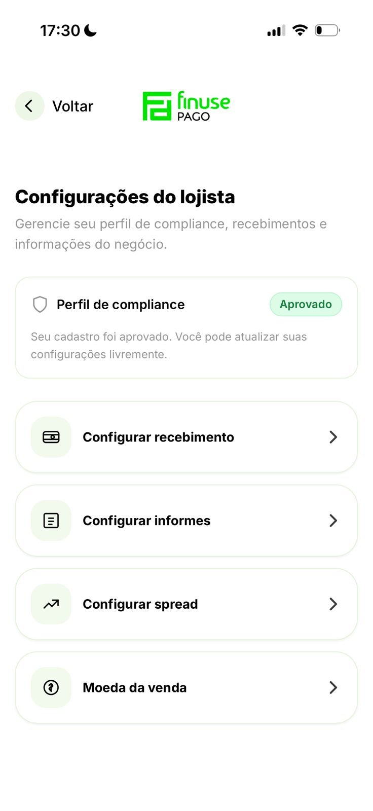 Tela de configurações do lojista no app Self Bank