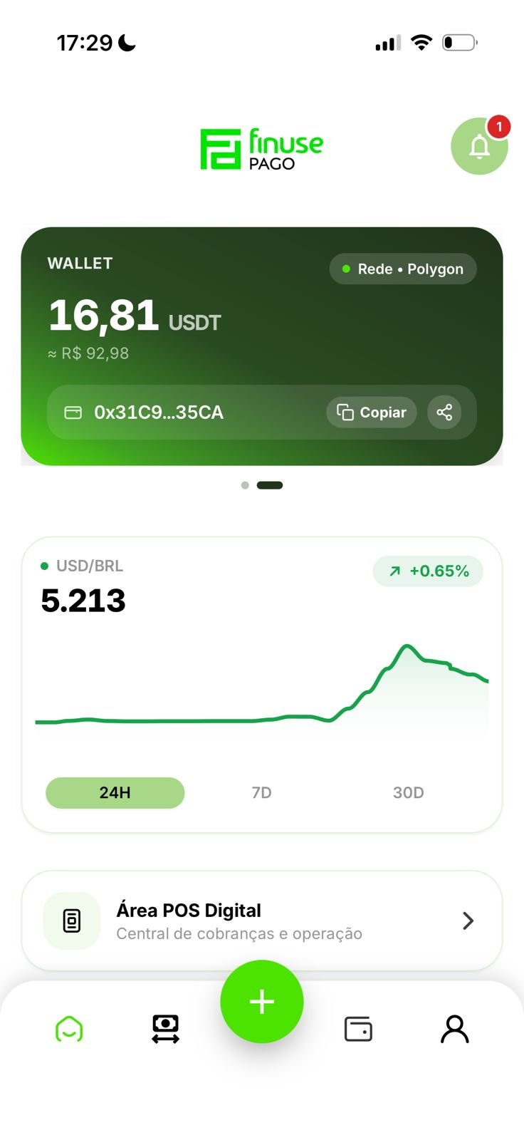 Tela de carteira USDT e cotação no app Self Bank