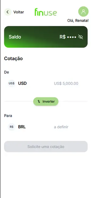App Finuse, tela de cotação USD para BRL