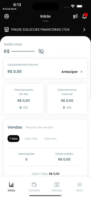 App Finuse Pago, tela inicial com saldo e faturamento
