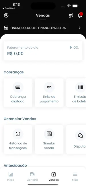 App Finuse Pago, tela de vendas com cobranças e links de pagamento