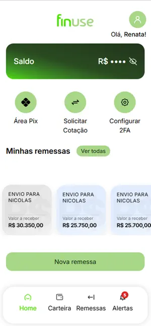 App Finuse, tela de remessas internacionais